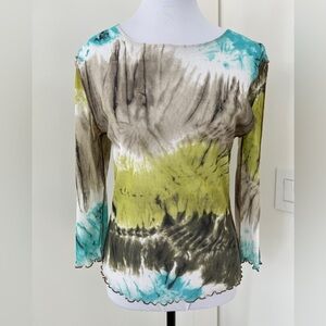 FUNSPORT Mesh 3/4 Length Sleeve Sheer Lined Pullover Top Scoop Neck Tie Dye Chic